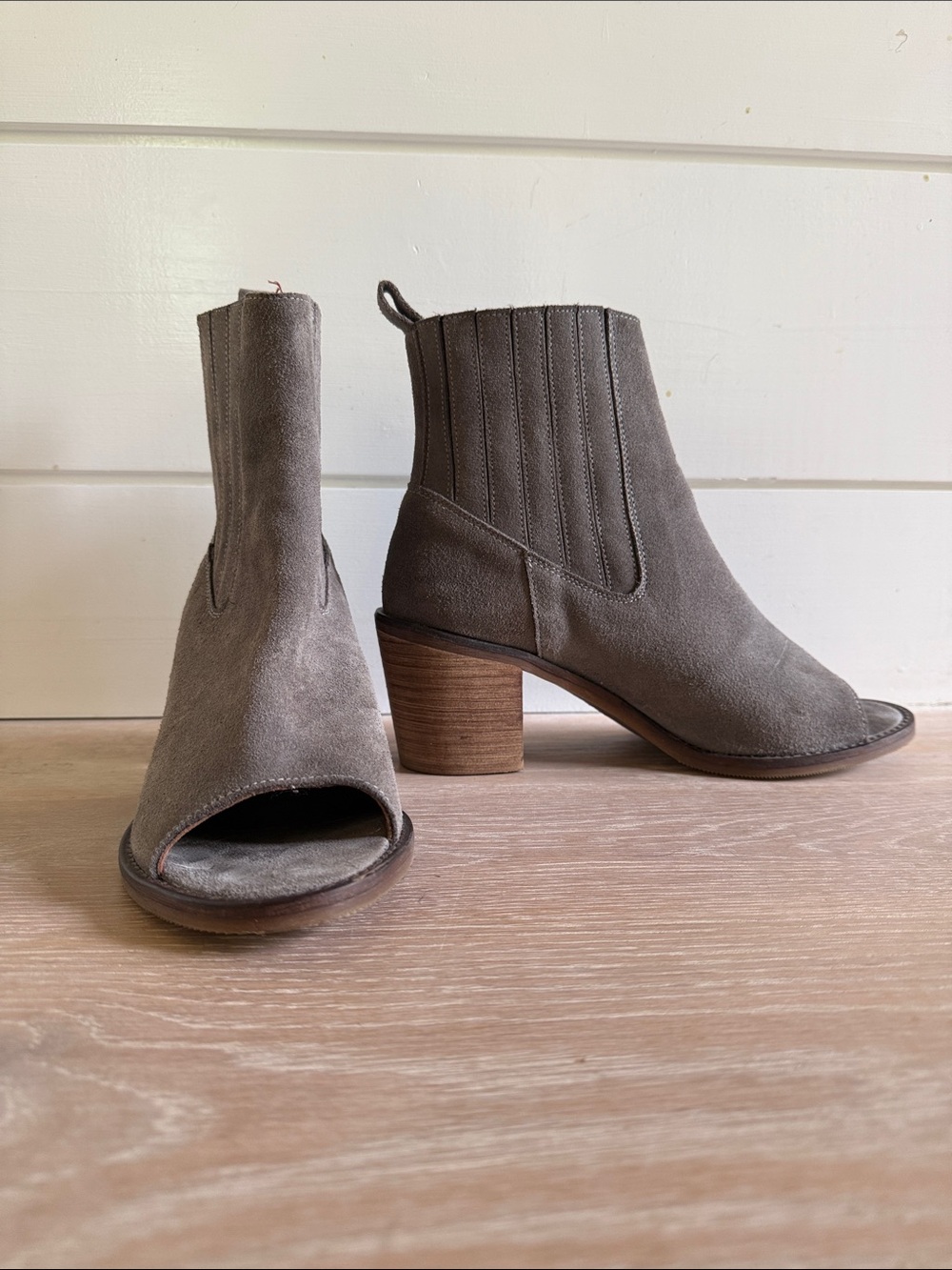 Sixtyseven Gray Suede Peep-Toe Block Heel Ankle Booties